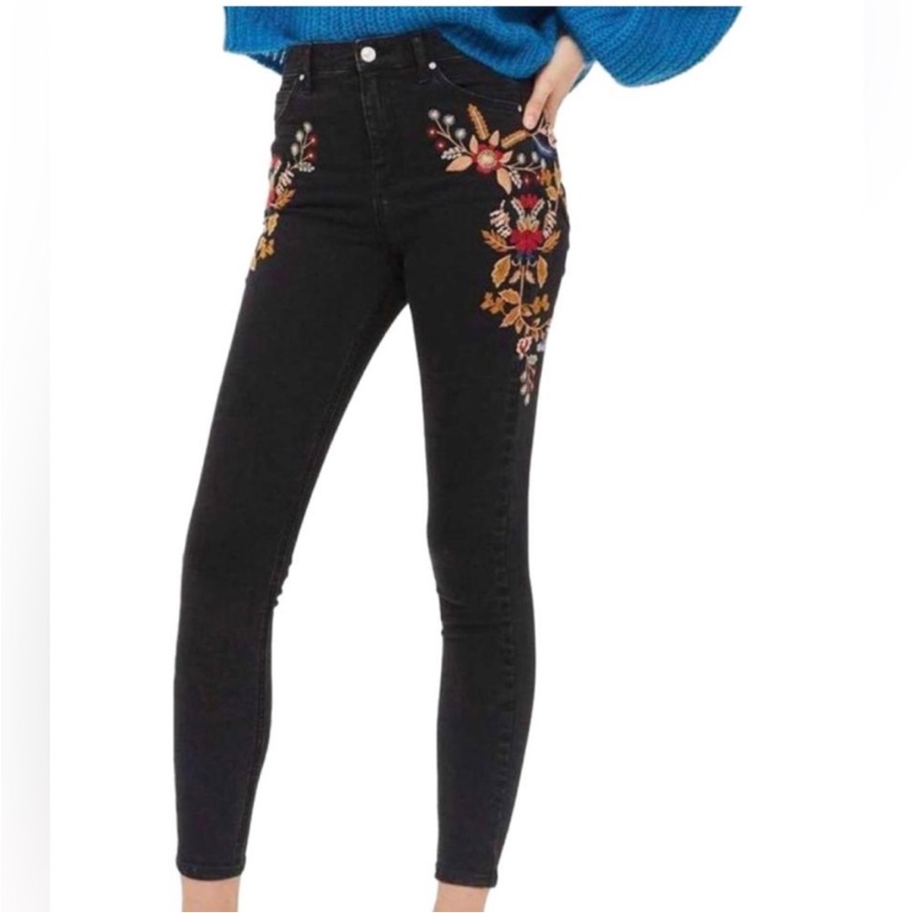 Top Shop Moto Jamie Jeans High Waisted Flower embroidered